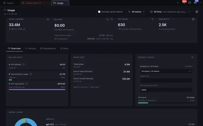 Token usage, costs, runs, and budget analytics