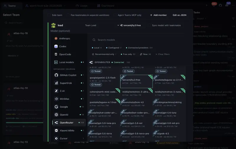 Select AI providers and models for each teammate