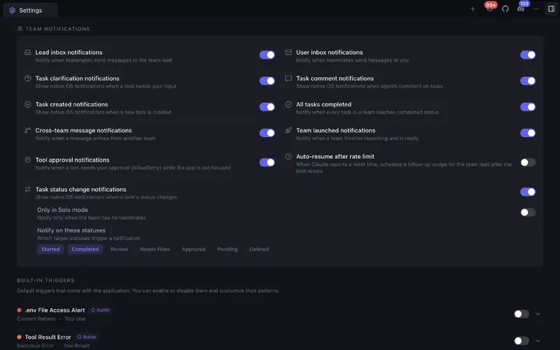 Responsive team notification settings and built-in triggers