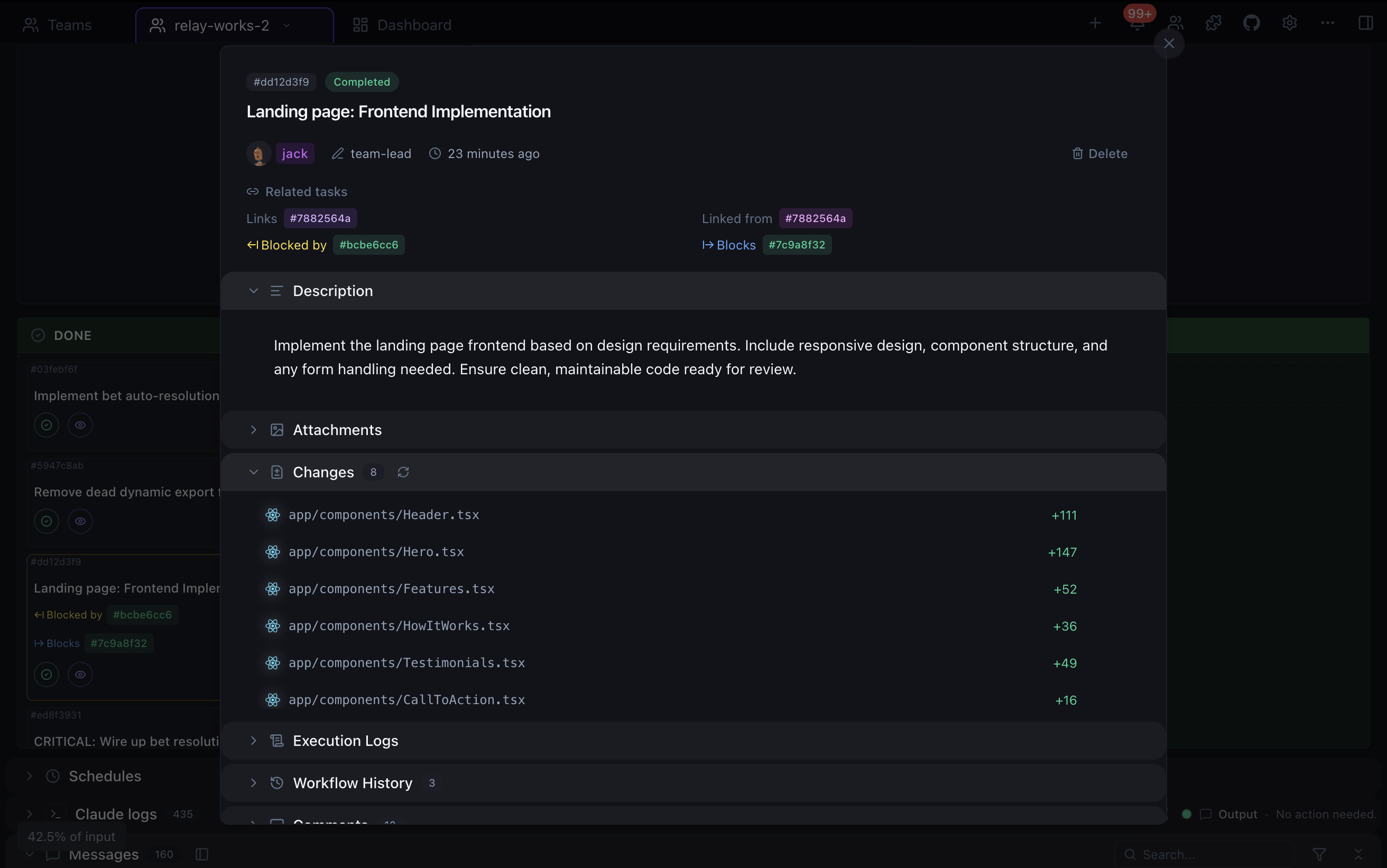 Task details with code changes and execution logs