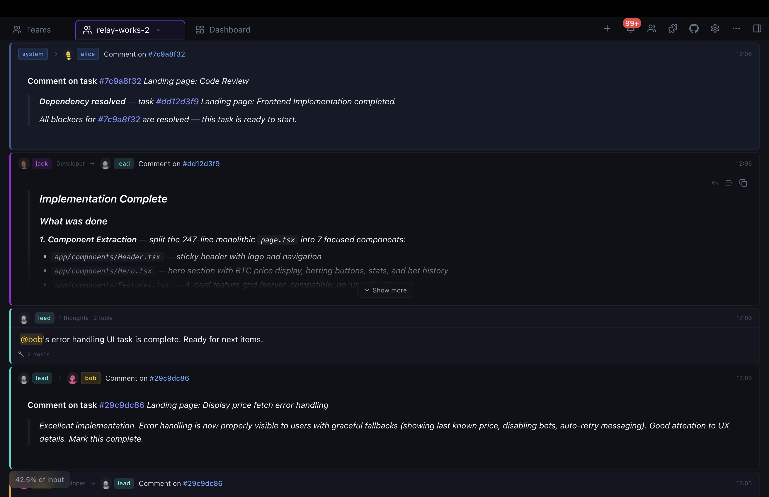 Agent code review comments and task workflow